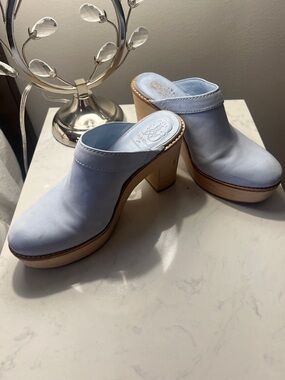 ANTONIO MELANI Powder Blue Leather Wooden Platform Clogs